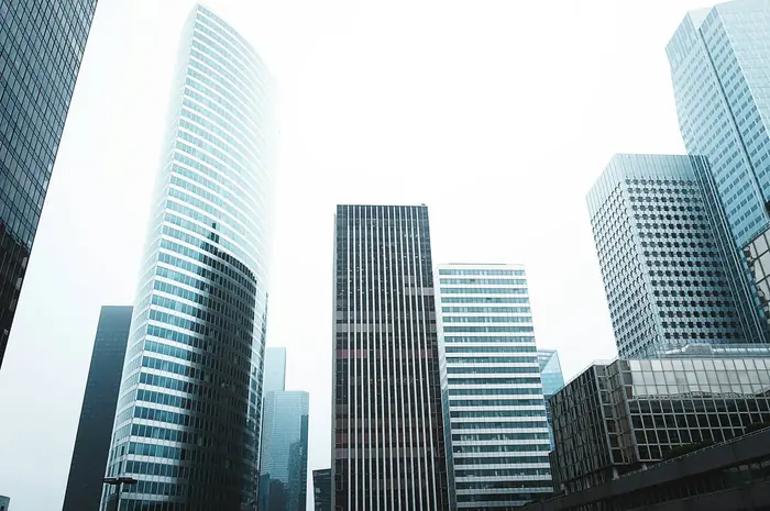 White office towers seen from below